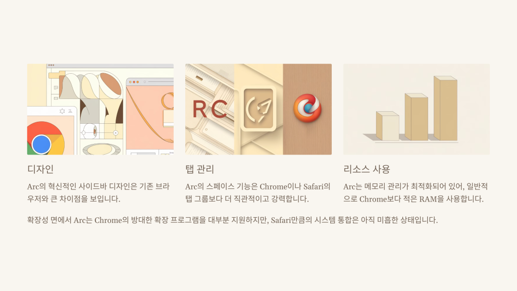 Arc 브라우저와 타 브라우저 비교