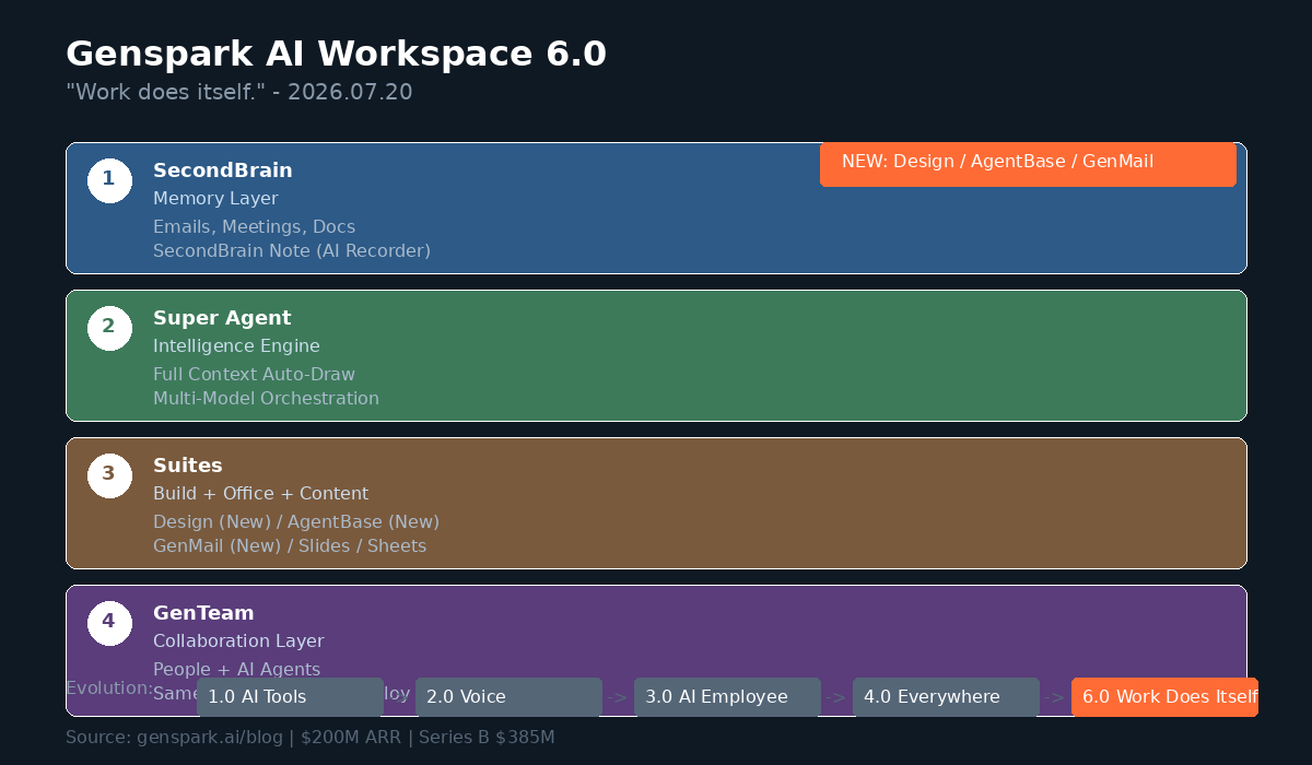 Genspark AI Workspace 6.0 구조도: SecondBrain, Super Agent, Suites, GenTeam 4레이어